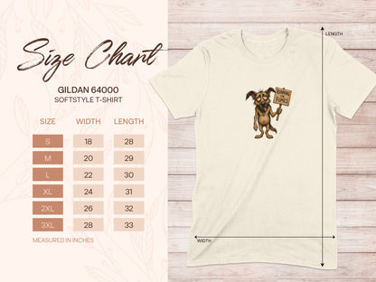 Gildan 64000 softstyle t-shirt size chart with cartoon dog and "Running on Fumes" text.