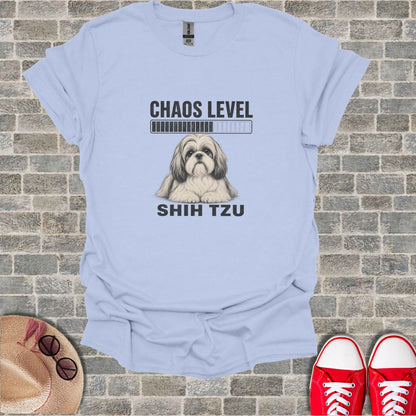 Shih Tzu on shirt with "CHAOS LEVEL" loading bar and text.