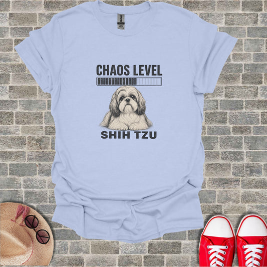 Shih Tzu on shirt with "CHAOS LEVEL" loading bar and text.