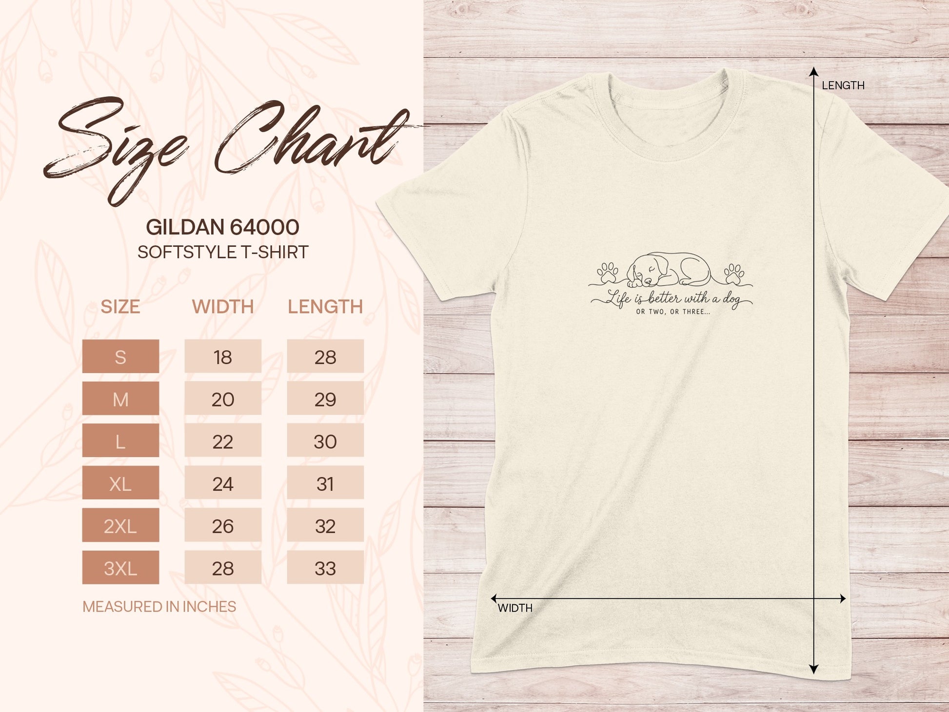 Gildan 64000 Softstyle t-shirt size chart with dog graphic.