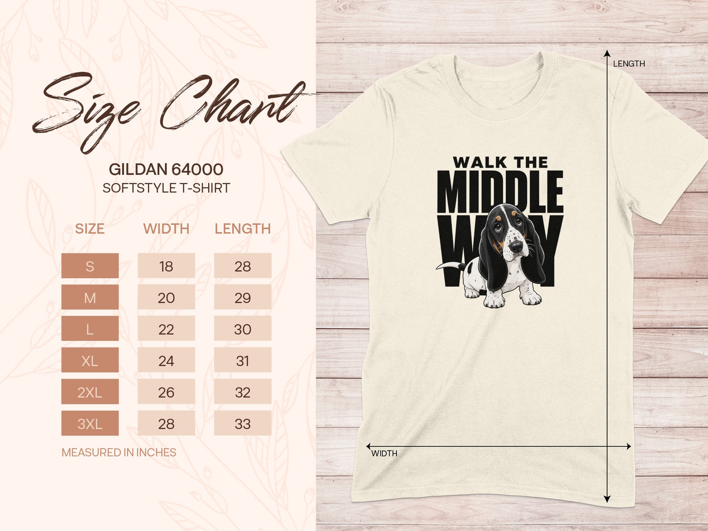 Gildan 64000 t-shirt size chart with a dog graphic.