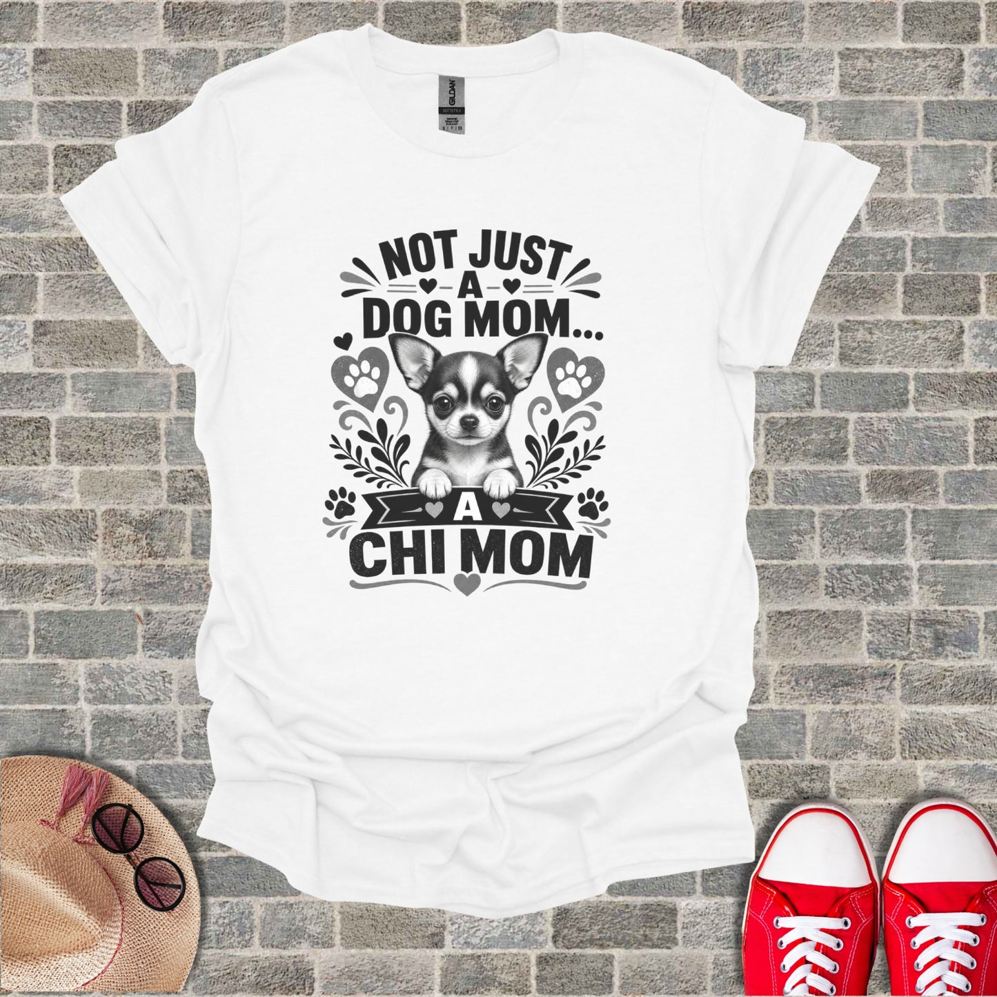 White t-shirt with "Not Just A Dog Mom... A Chi Mom" and a Chihuahua graphic.
