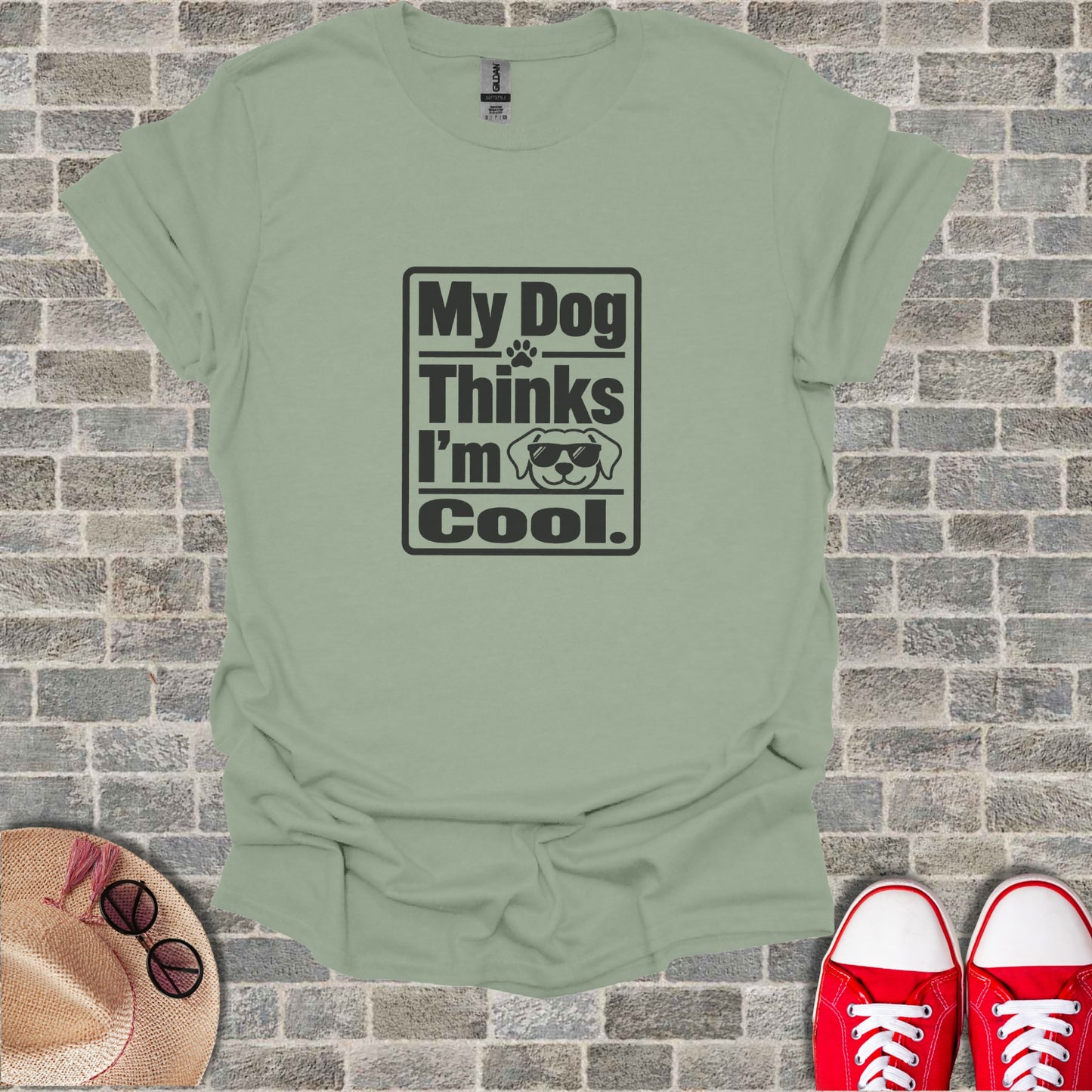 T-shirt with "My Dog Thinks I'm Cool." text and sunglasses.