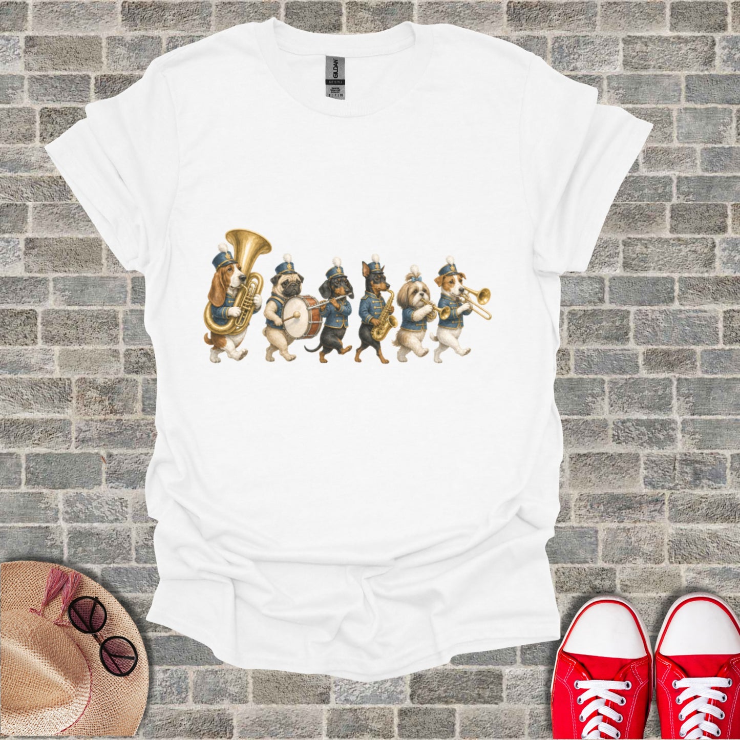 T-shirt with a marching band of dogs playing instruments and wearing uniforms.