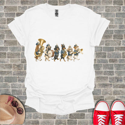 T-shirt with a marching band of dogs playing instruments and wearing uniforms.