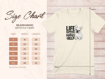 Gildan 64000 softstyle t-shirt size chart with French bulldog graphic.
