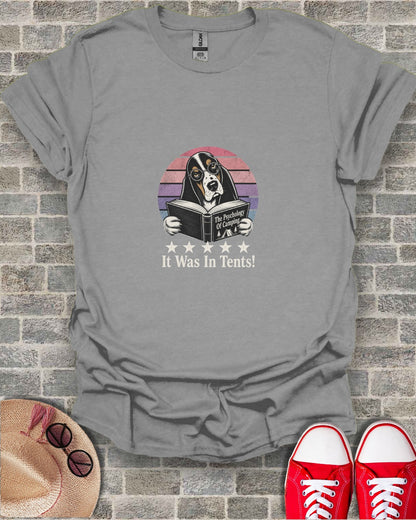 Grey t-shirt with vintage basset hound reading "The Psychology Of Camping" book.