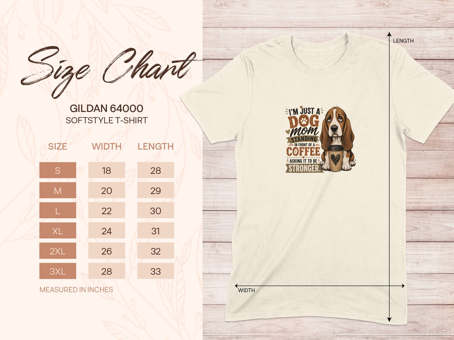 Gildan 64000 Softstyle t-shirt size chart with dog mom coffee graphic.