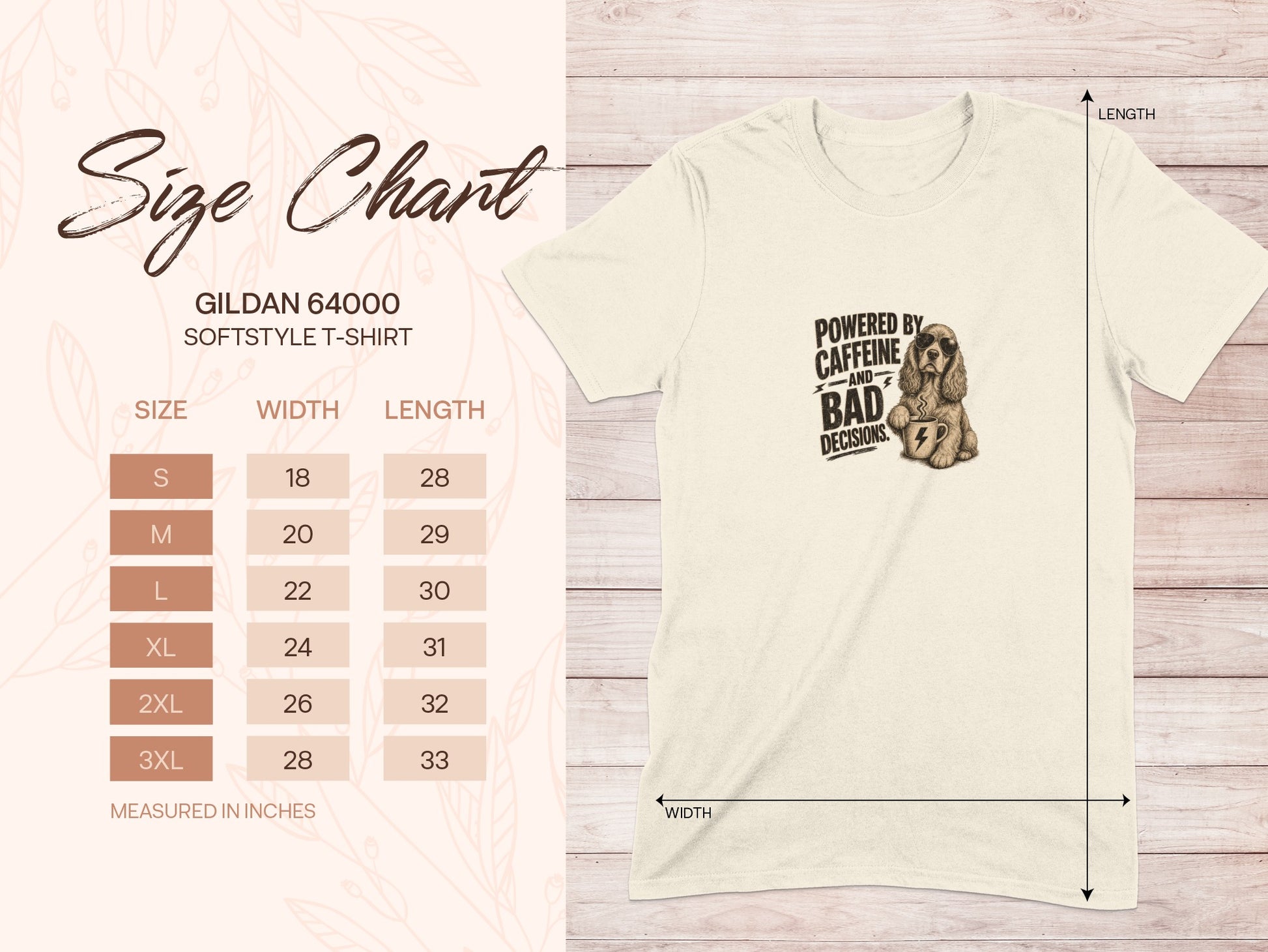 Gildan 64000 t-shirt size chart with measurements and graphic of a dog with text.