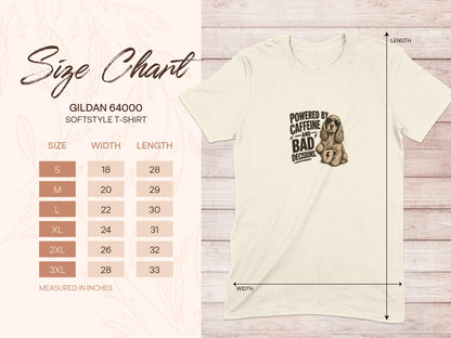 Gildan 64000 t-shirt size chart with measurements and graphic of a dog with text.