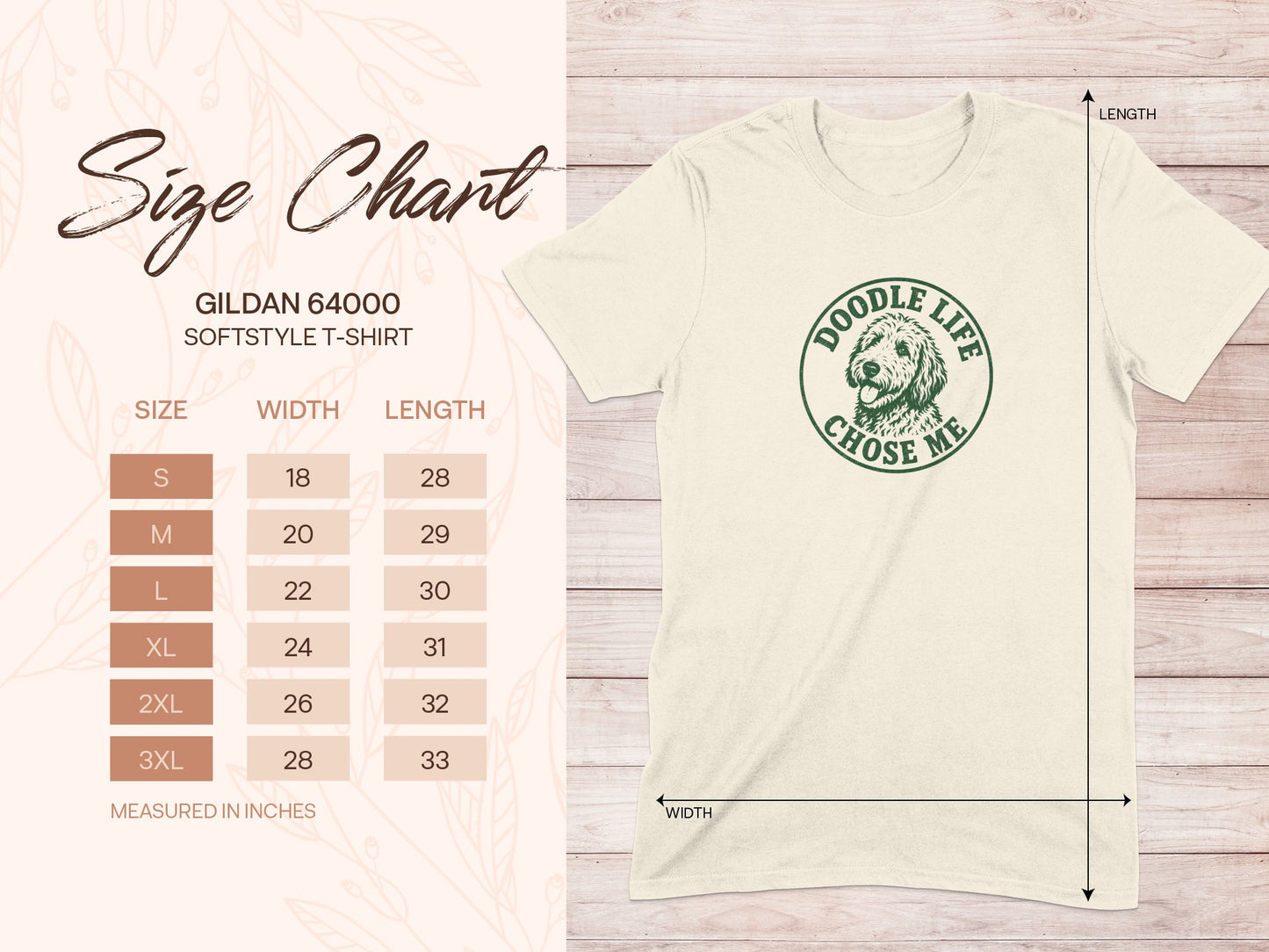 Cream t-shirt size chart for Gildan 64000 Softstyle, measured in inches.