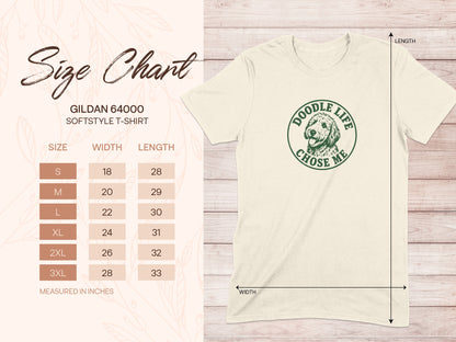 Cream t-shirt size chart for Gildan 64000 Softstyle, measured in inches.