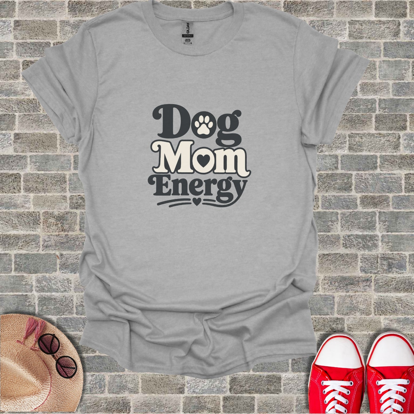 Grey t-shirt with "Dog Mom Energy" text and heart graphic.