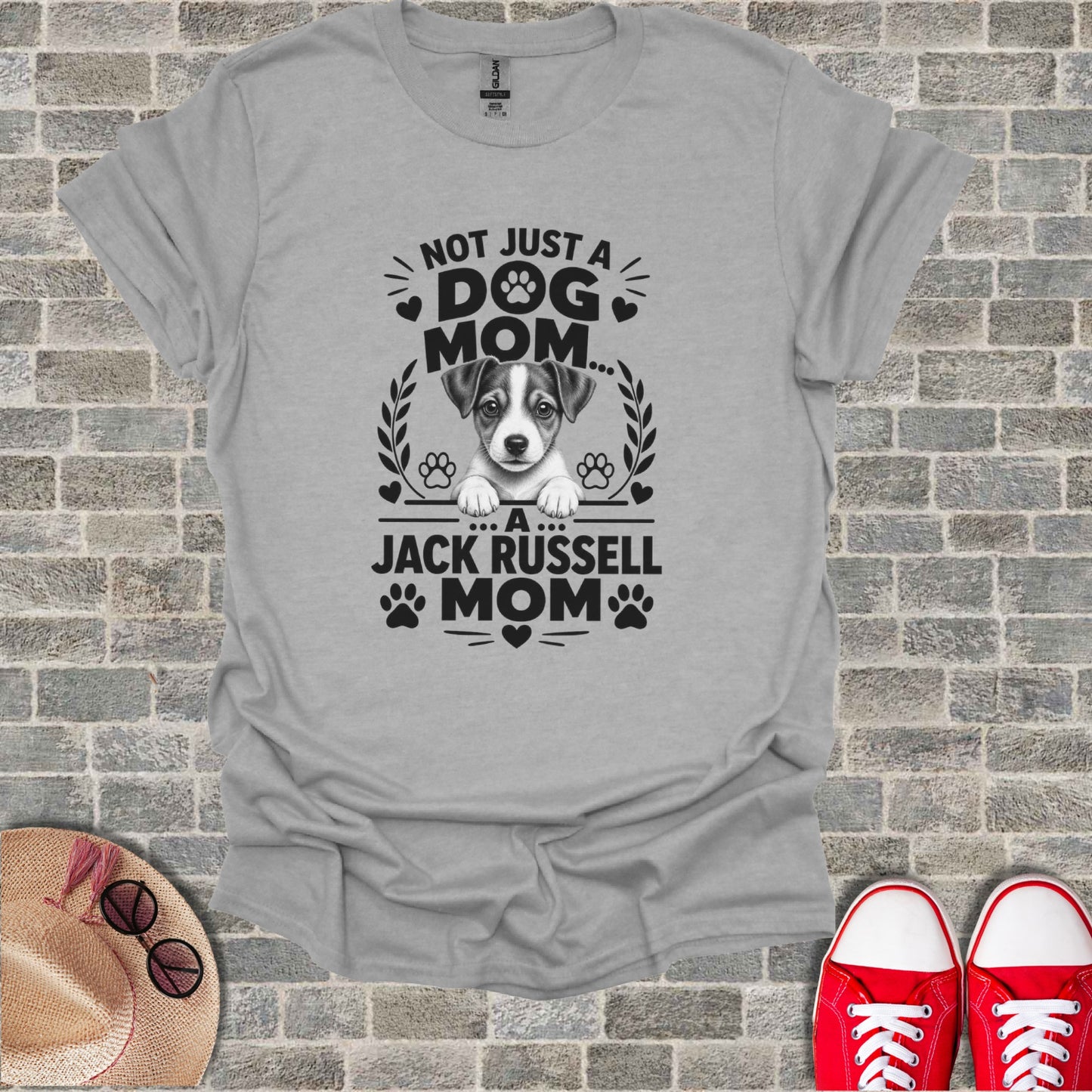 Grey t-shirt with text "Not Just A Dog Mom... A Jack Russell Mom".