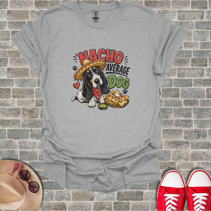 Grey t-shirt with a cartoon Basset Hound wearing a sombrero and eating nachos.