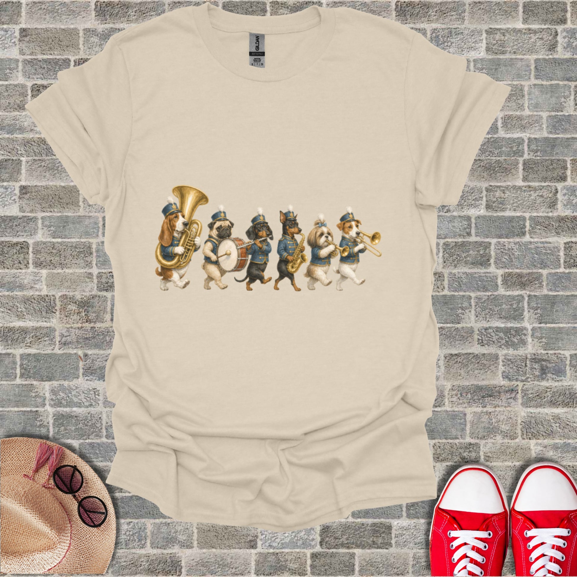 Sewn-in t-shirt with a cartoon dog band graphic featuring pugs and other breeds playing instruments.