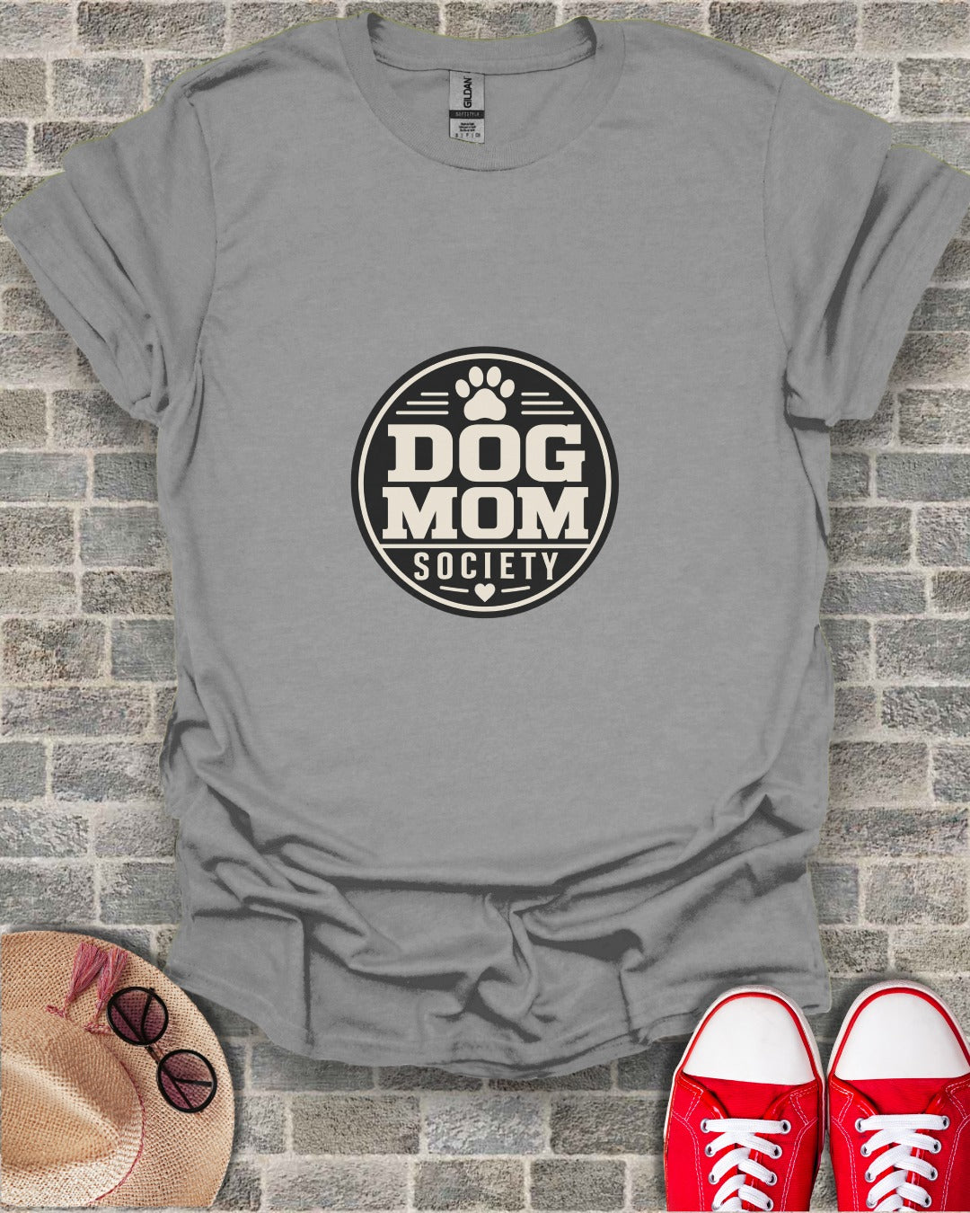 Gray t-shirt with "Dog Mom Society" logo and paw print.