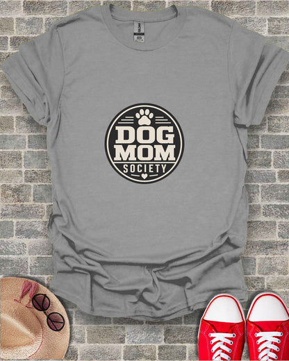 Gray t-shirt with "Dog Mom Society" logo and paw print.