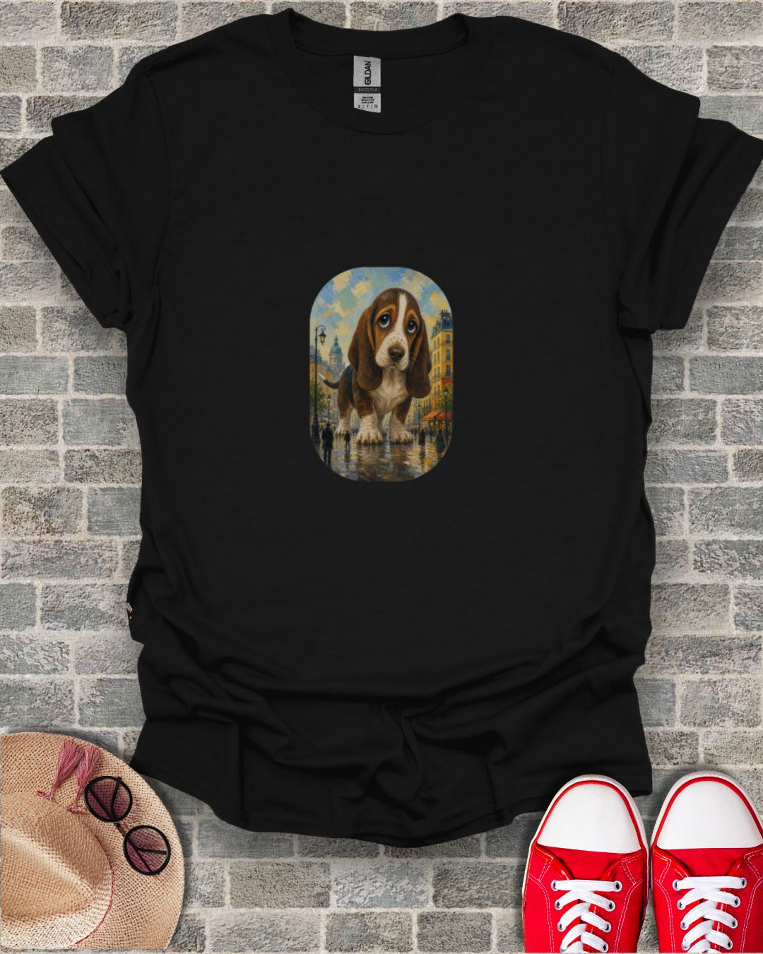 Black t-shirt with a sad Basset Hound puppy on an oval print.