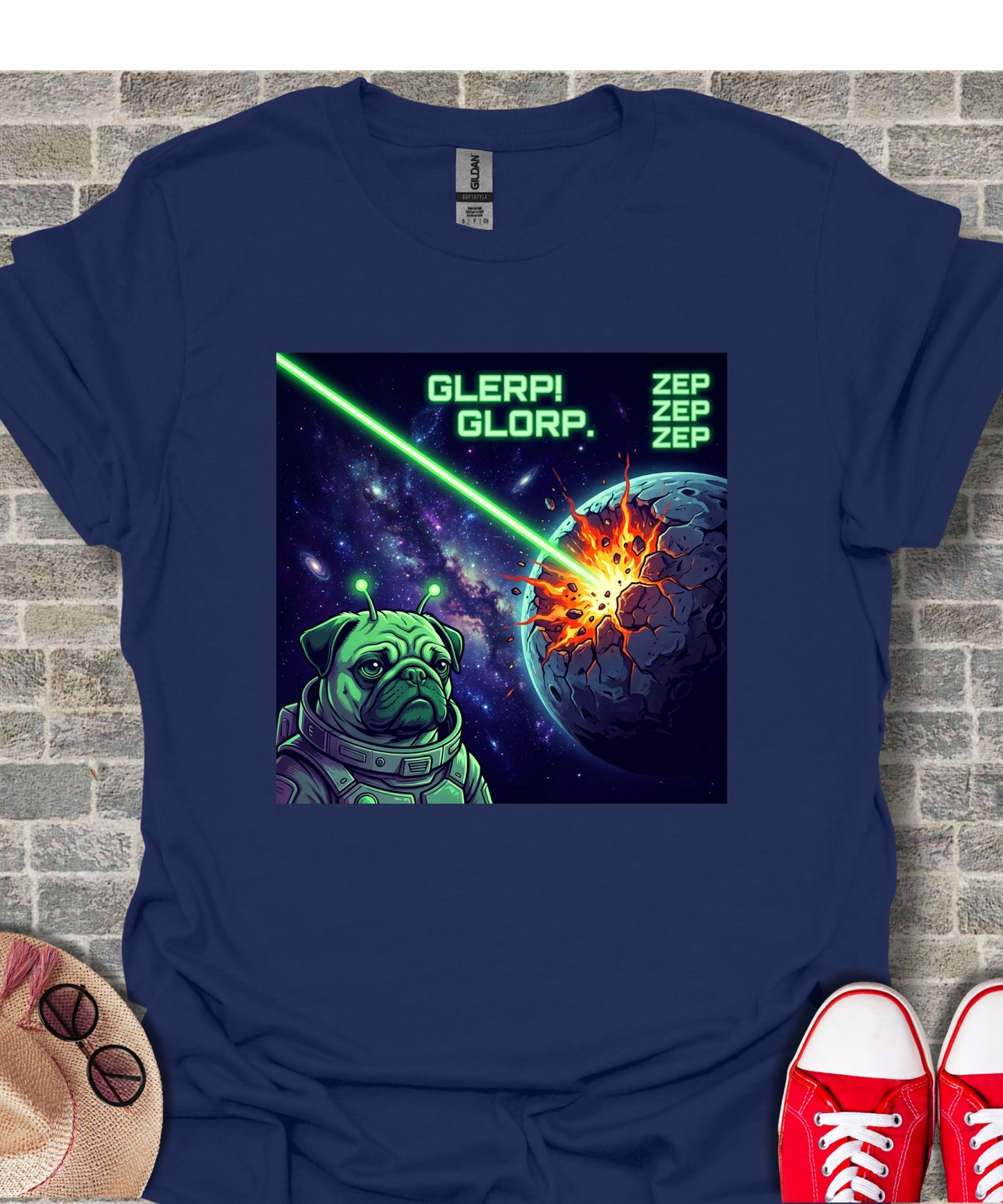 Pug in spacesuit blasts planet with laser, "GLERP! GLORP!" text.
