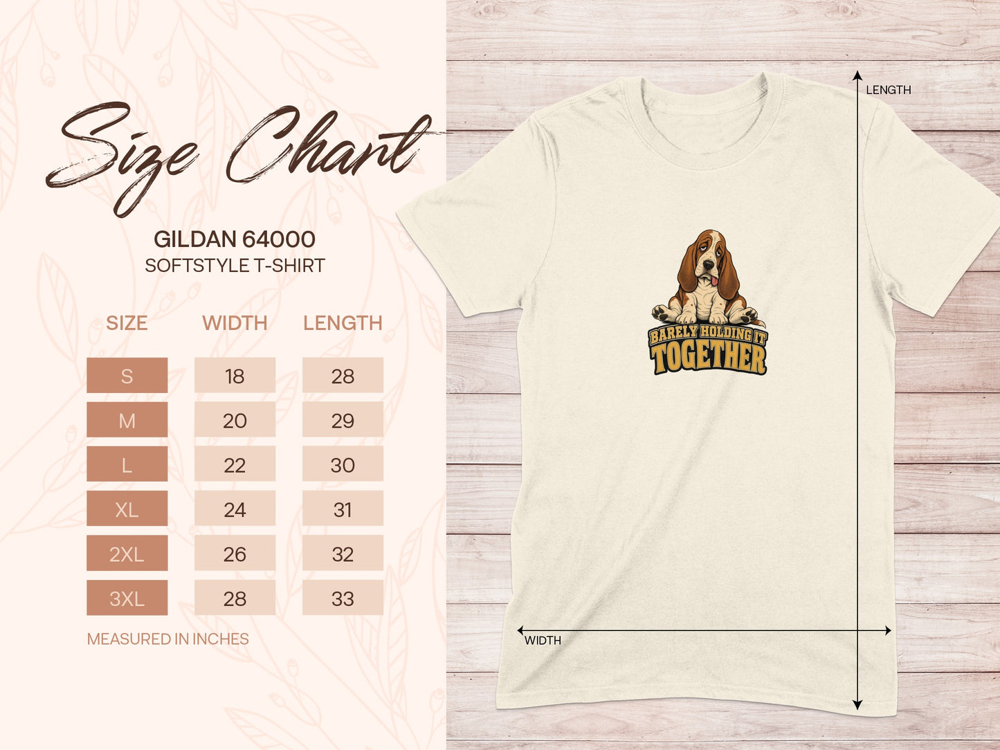 Gildan 64000 size chart for Softstyle T-shirt with width and length measurements.