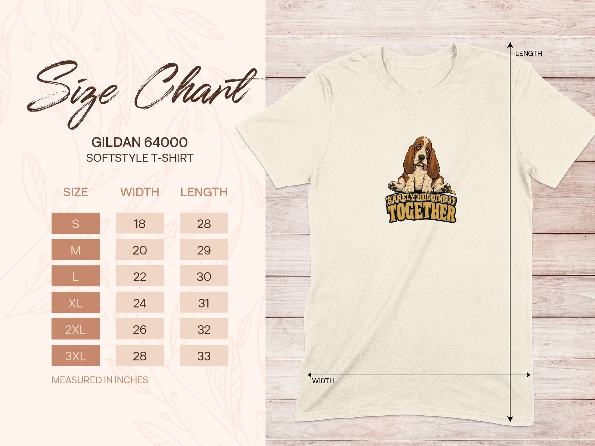 Gildan 64000 size chart for Softstyle T-shirt with width and length measurements.