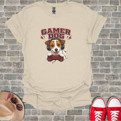 Jack Russell Terrier wearing headphones and holding a video game controller.