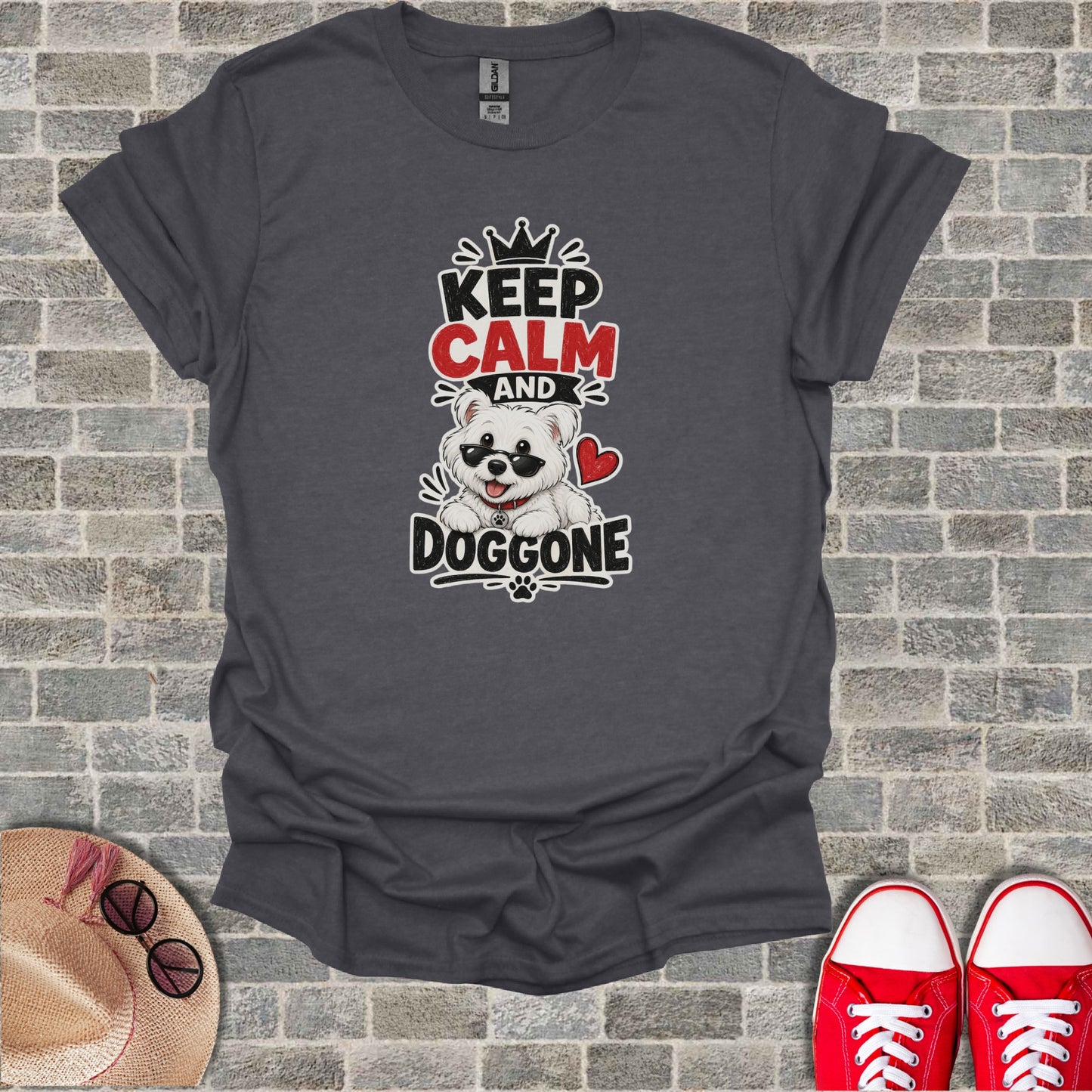 Dark gray t-shirt with "Keep Calm and Doggone" text and a cartoon dog.