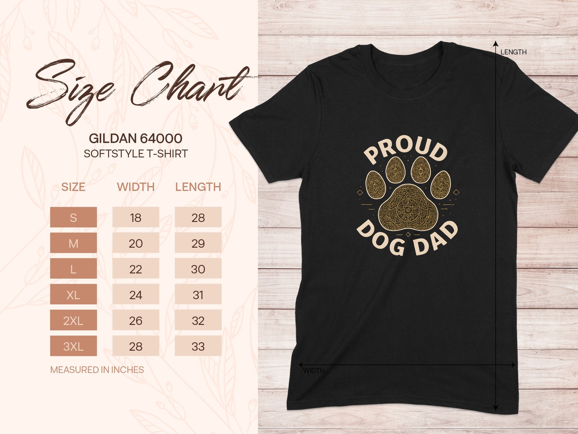 Gildan 64000 Softstyle T-Shirt size chart with "Proud Dog Dad" graphic.