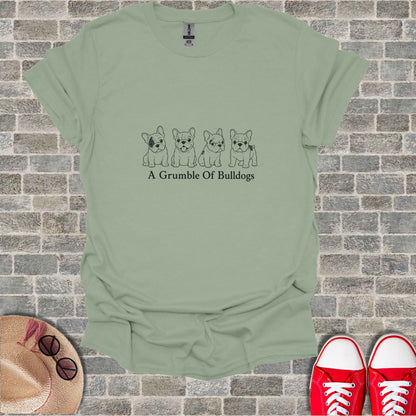 T-shirt with line art of four bulldogs and "A Grumble of Bulldogs" text.