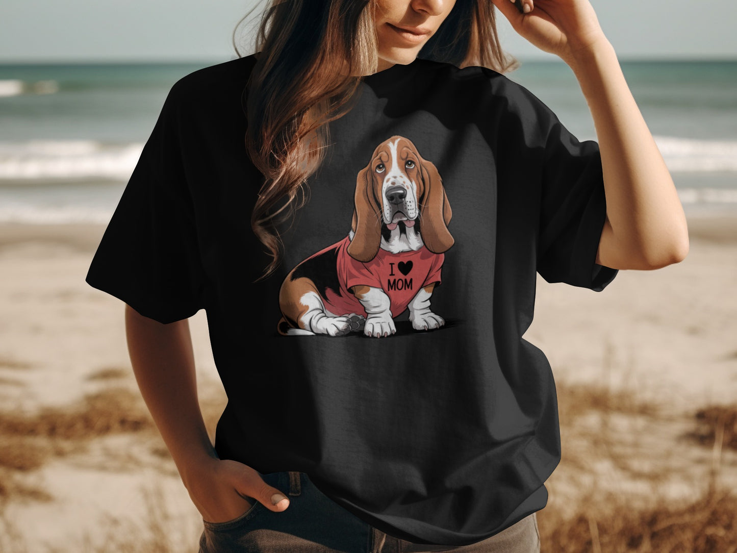 Black t-shirt with a Basset Hound wearing an "I LOVE MOM" shirt.
