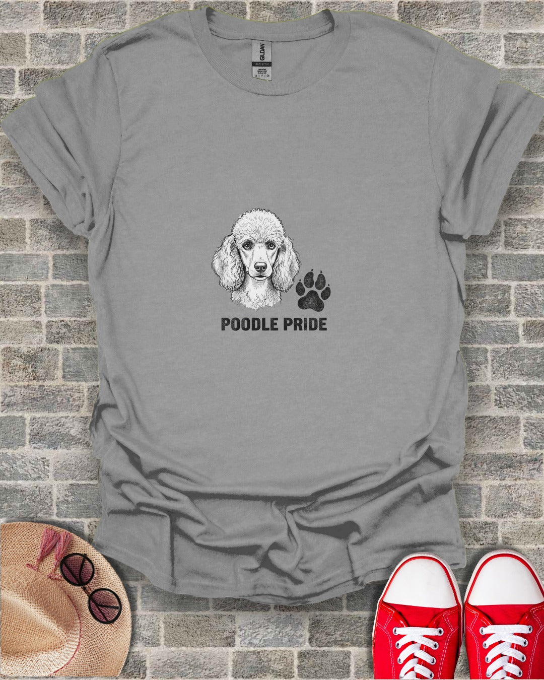 Gray t-shirt with "Poodle Pride" text and a poodle paw print.