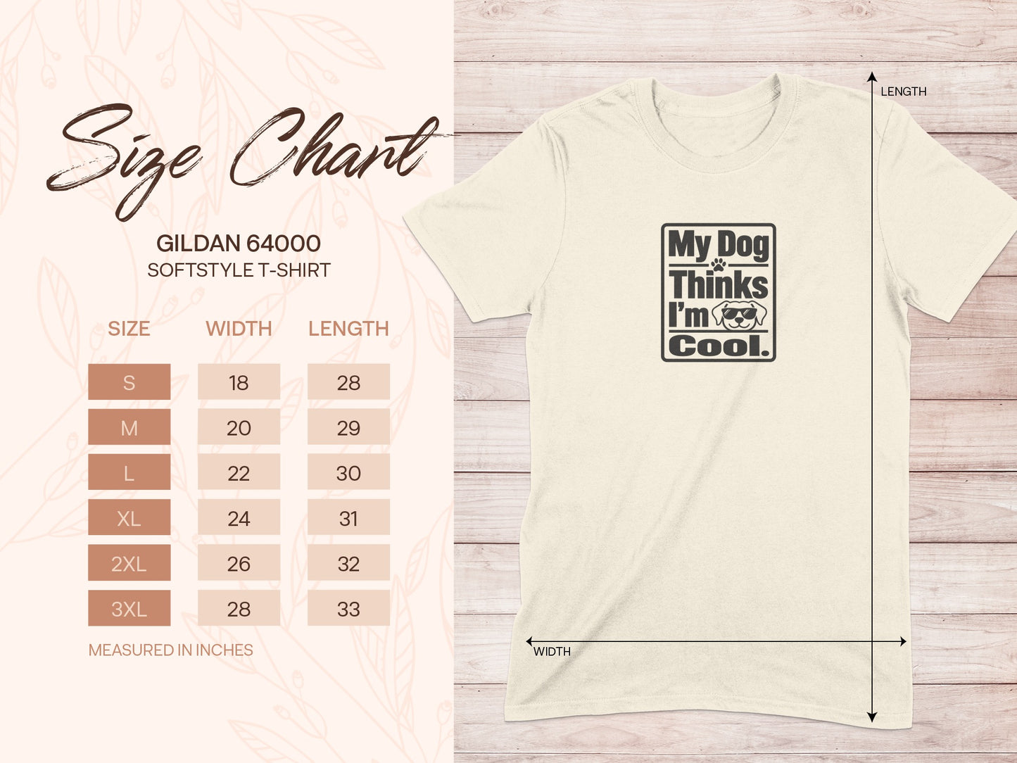 Gildan 64000 softstyle t-shirt size chart with dog graphic.