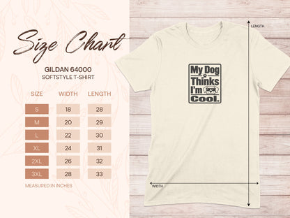Gildan 64000 softstyle t-shirt size chart with dog graphic.