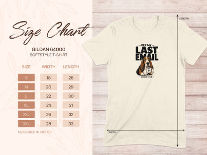 Gildan 64000 Softstyle T-Shirt size chart with dog graphic.