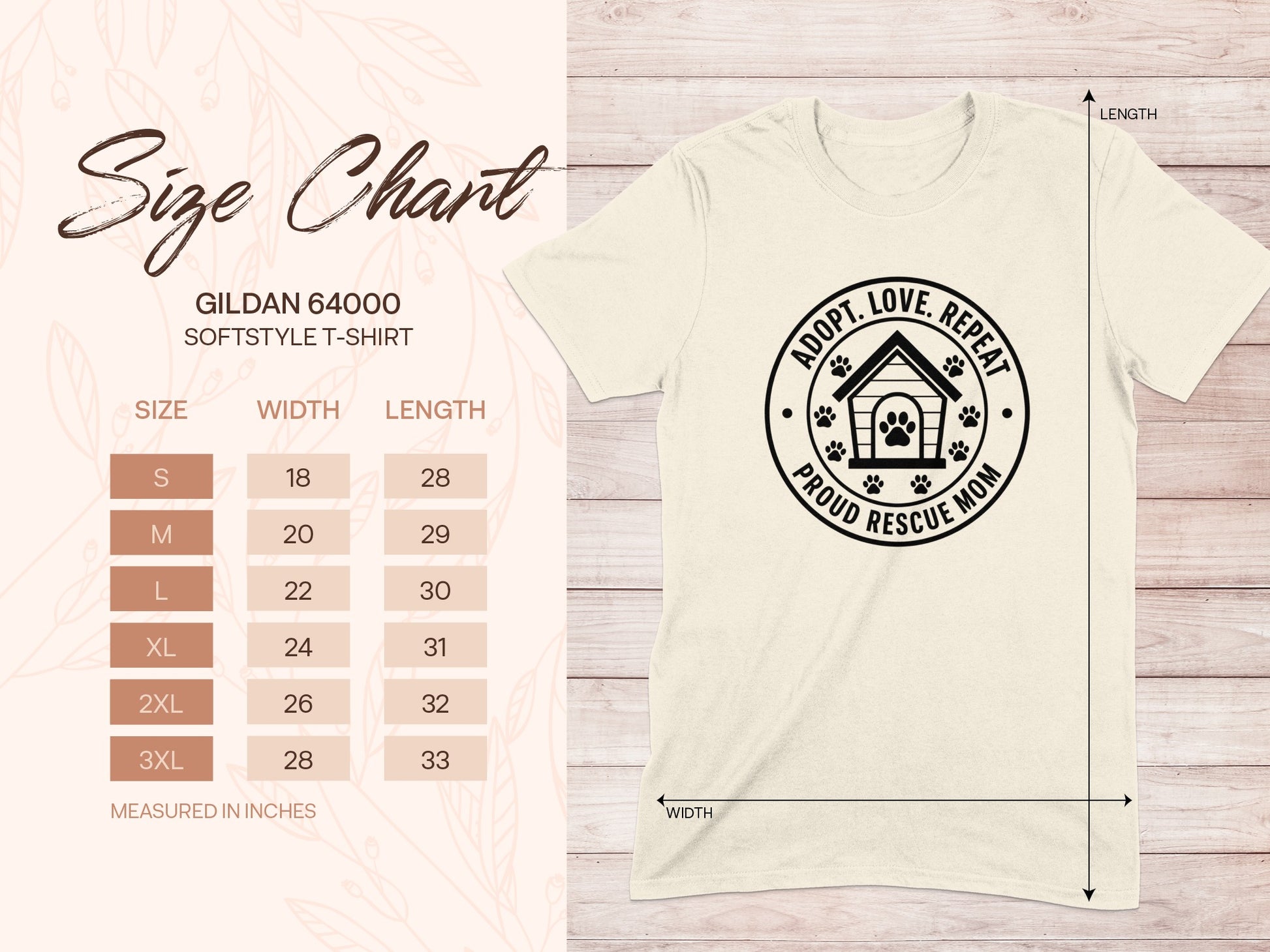 Size chart for a Gildan 64000 Softstyle t-shirt with measurements.