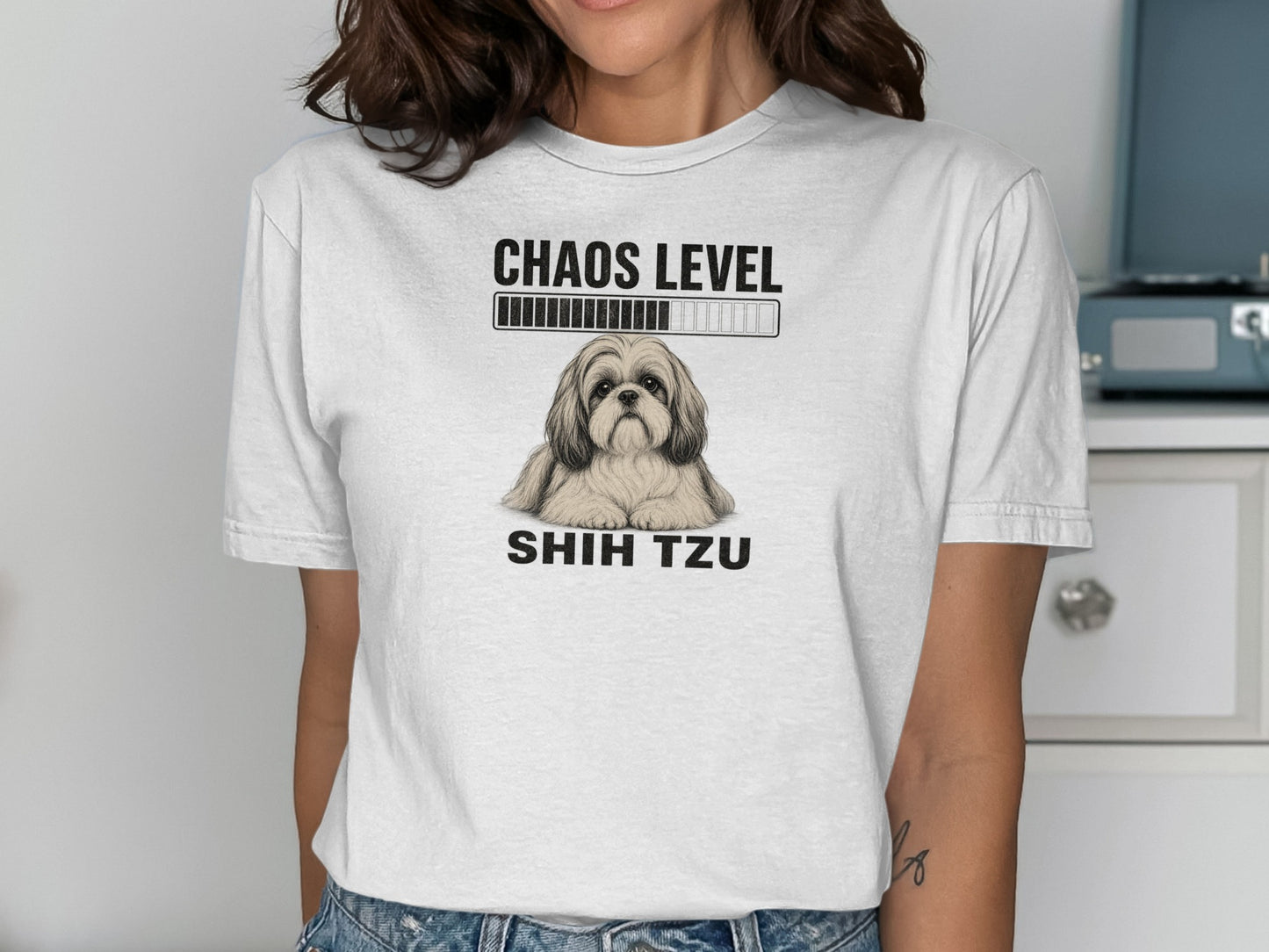 T-shirt with a loading bar and a Shih Tzu dog, text "CHAOS LEVEL SHIH TZU".