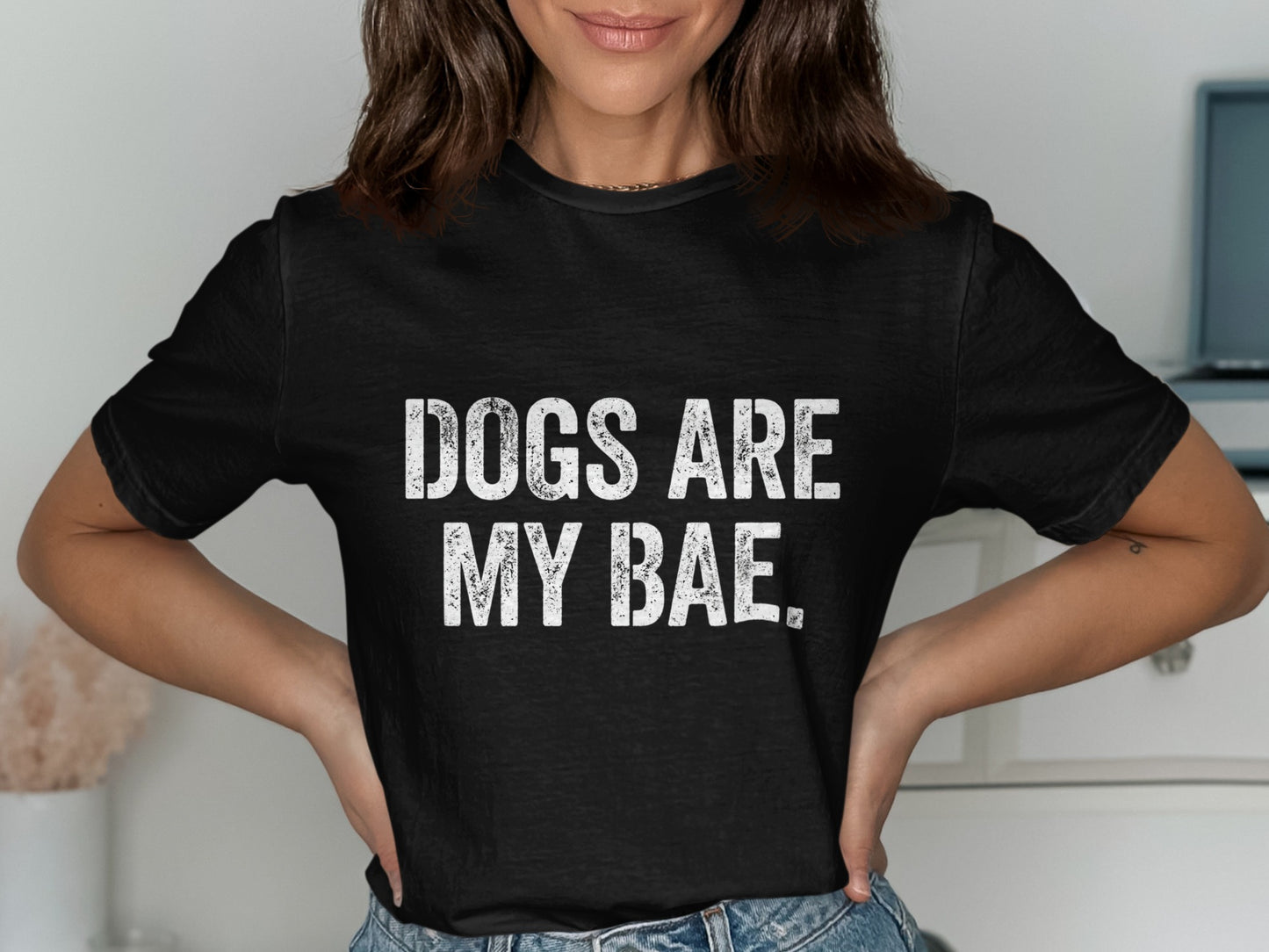 Black t-shirt with white text "DOGS ARE MY BAE."