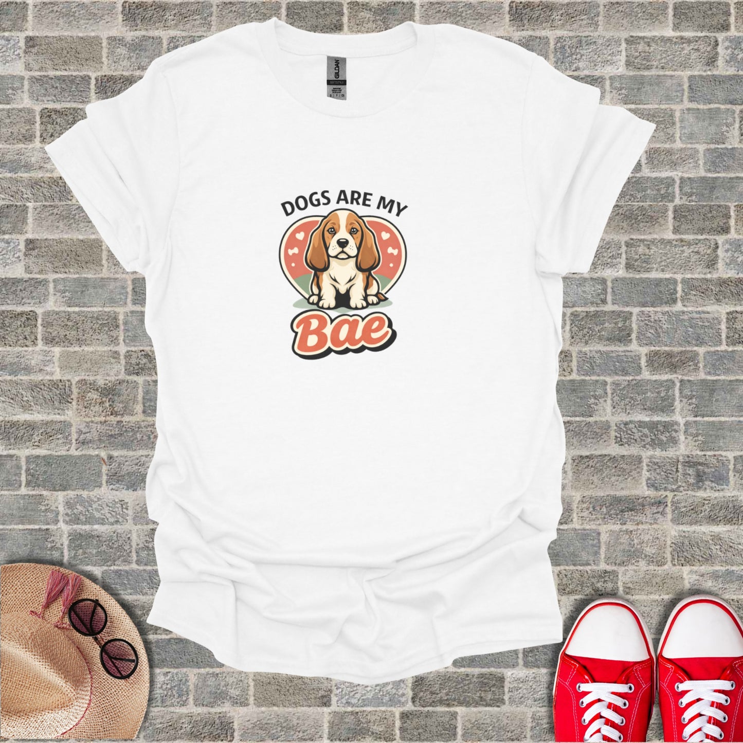 White t-shirt with "Dogs are my Bae" text and dog illustration.
