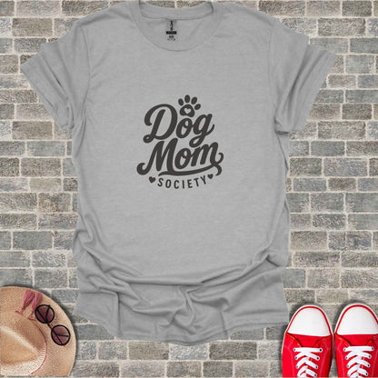 Gray t-shirt with "Dog Mom Society" text and paw print logo.