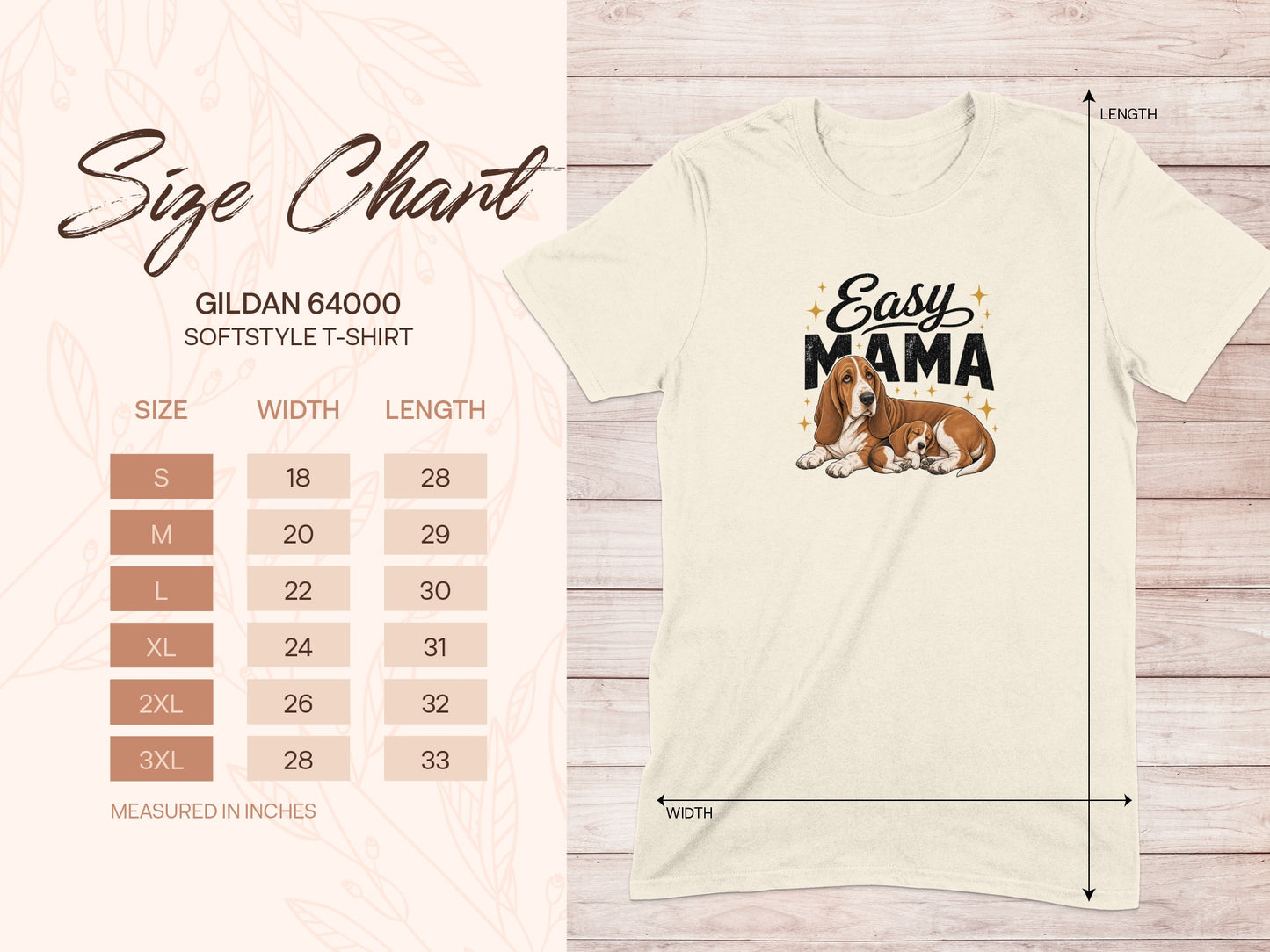 Cream t-shirt with "Easy Mama" graphic and a size chart displaying width and length measurements.