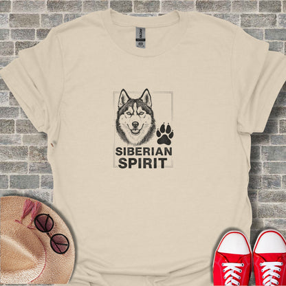Cream t-shirt with Siberian Husky graphic and "Siberian Spirit" text.