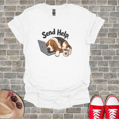 Basset Hound rests on laptop with "Send Help" text and coffee mug.