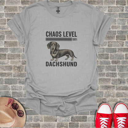 Grey t-shirt with a dachshund and "Chaos Level 100%" text.