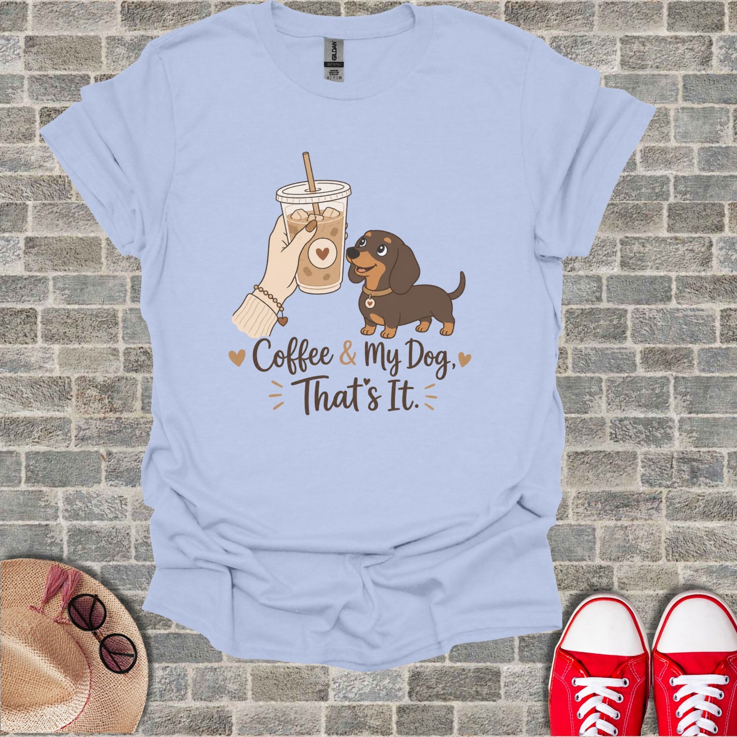 Light blue t-shirt with cartoon dog, coffee cup, and text "Coffee & My Dog, That's It."
