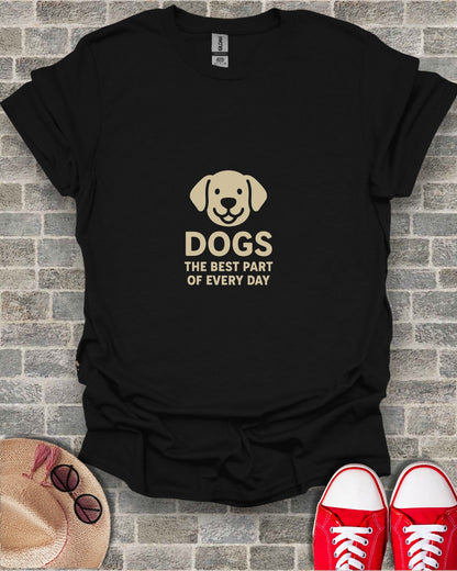Black t-shirt with "DOGS THE BEST PART OF EVERY DAY" text and dog graphic.