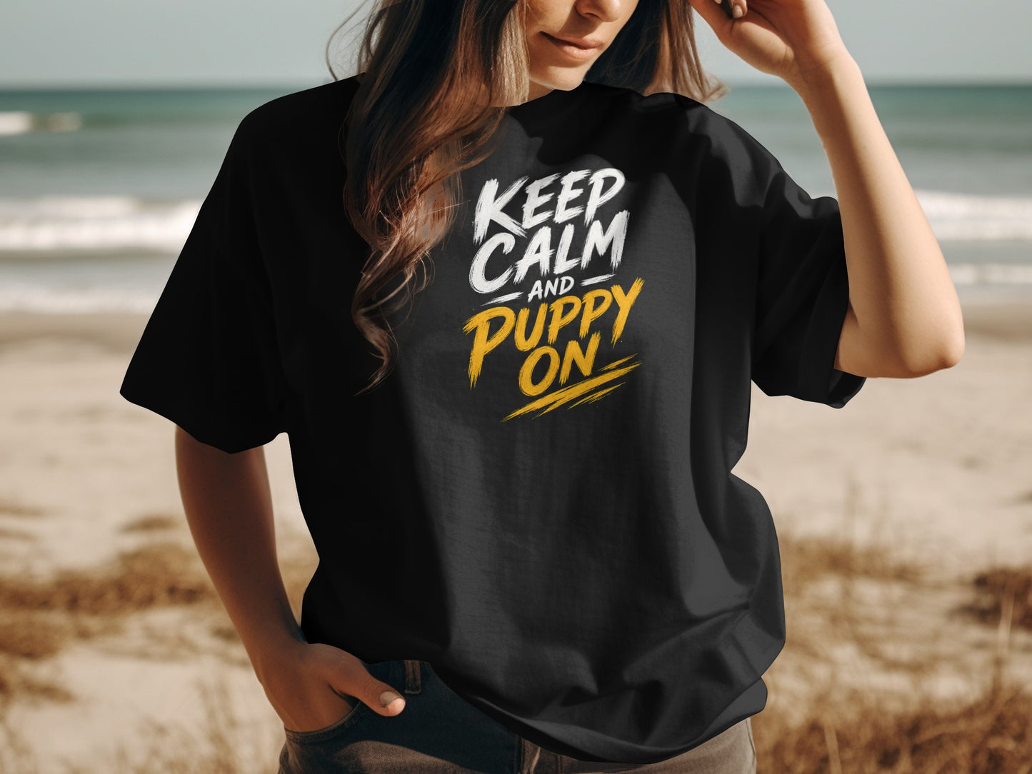Black t-shirt with "KEEP CALM AND PUPPY ON" text.