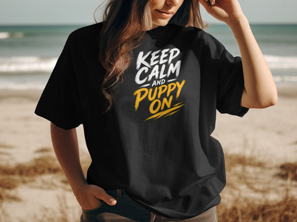 Black t-shirt with "KEEP CALM AND PUPPY ON" text.