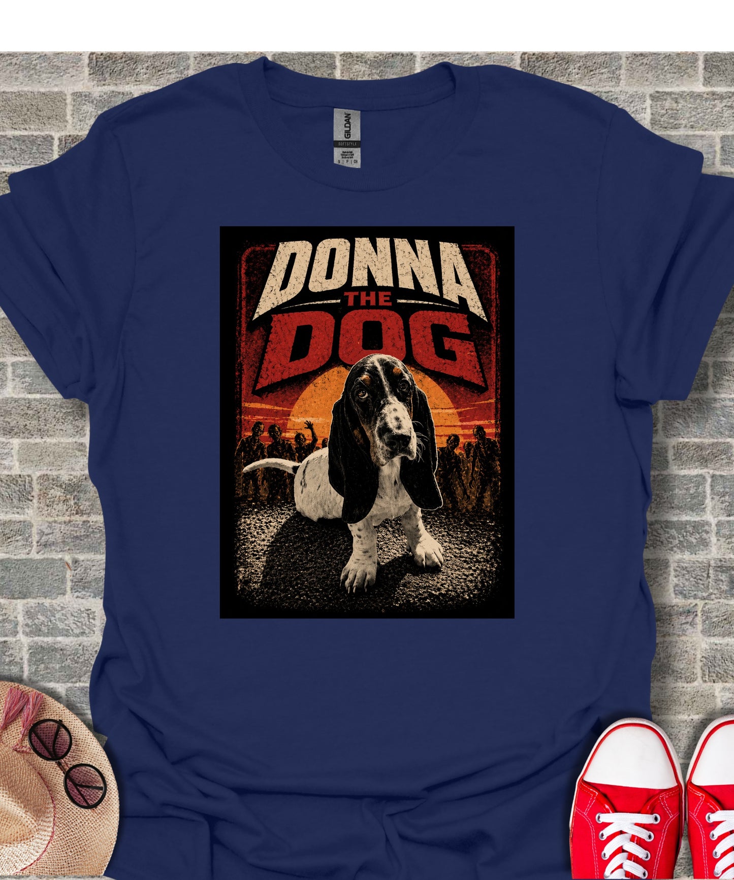 Basset hound on a t-shirt with "DONNA THE DOG" and zombies.