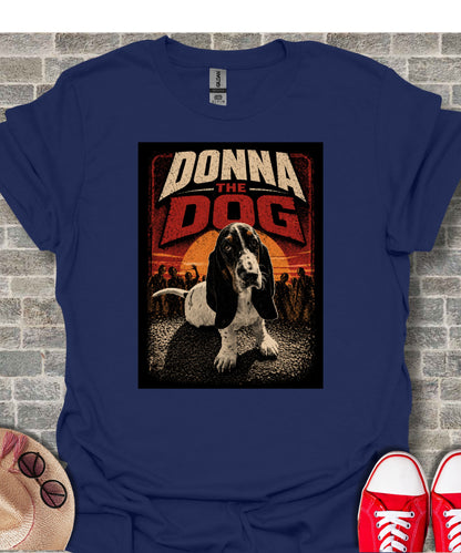 Basset hound on a t-shirt with "DONNA THE DOG" and zombies.